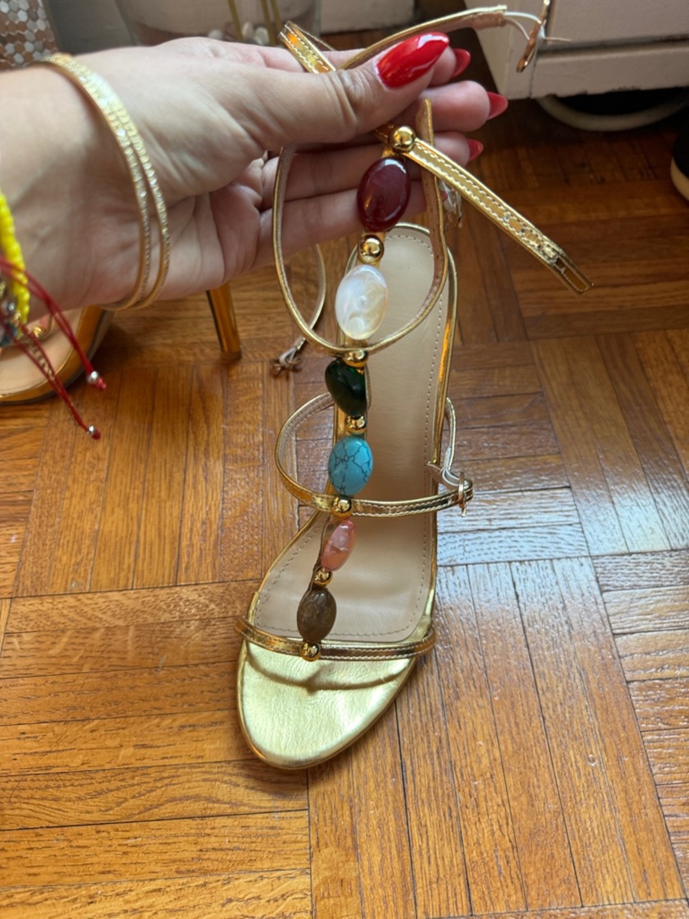 Gold Beaded Strappy Women's Sandals - Picture 3 of 4